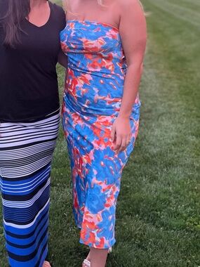 Strapless Floral Midi Dress in Blue and Orange